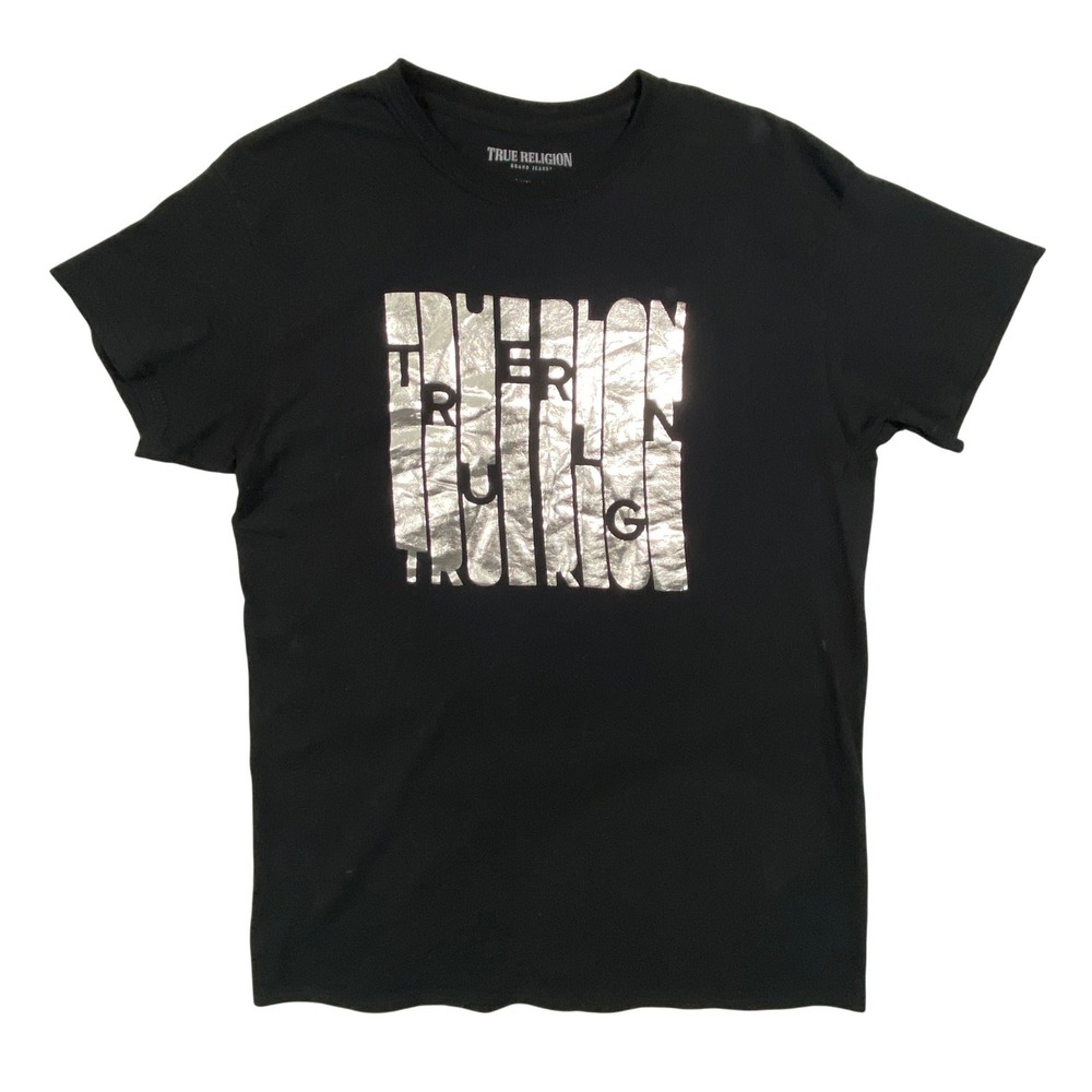 True Religion Men's T-Shirt Black Metallic Silver Graphic Short Sleeve Sz Medium